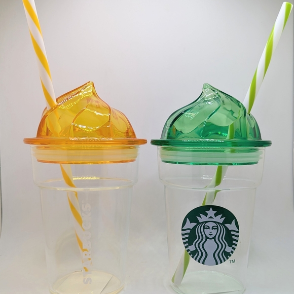 Starbucks Asia RARE 12oz whip cup glass yellow green set BNWT
